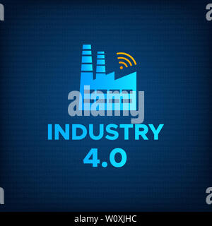 Die verarbeitende Industrie 4.0 revolution Konzept Abbildung. Blue factory Symbol mit Wireless Symbol und Zeichen Industrie 4.0 Intelligente Technologie und Technologie Hintergrund revolution Geschäftskonzept. Stockfoto