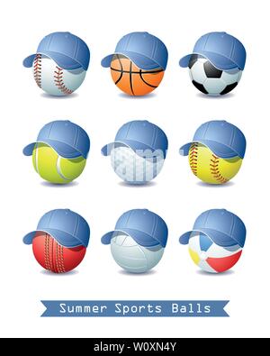 Große Sammlung verschiedener Sportarten im Sommer Kugeln mit einem Denim Baseball Kappe für Ihre kreative Arbeit. Vector Illustration. Stock Vektor