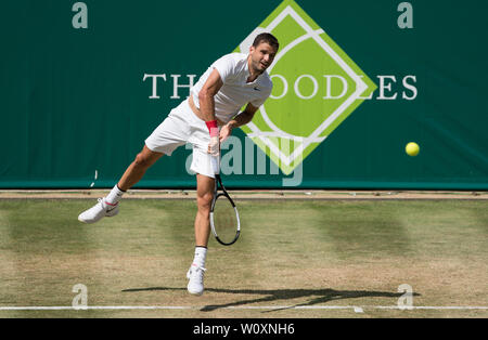 Slough, Großbritannien. 28 Juni, 2019. ANDRE AGGASI (Trainer von Grigor DIMITROV Bulgarien) während der boodles Tennis Ausstellung 2019 Tag 4 bei Stoke Park, Slough, England am 28. Juni 2019. Foto von Andy Rowland. Credit: PRiME Media Images/Alamy leben Nachrichten Stockfoto