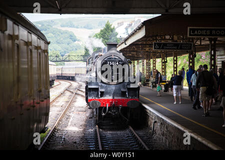 Dampfzug an Kingswear Station an der Dartmouth Steam Railway in Torquay, Großbritannien Stockfoto