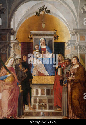 Madonna und Kind mit den Hll. Katharina, Franz von Assisi, Johannes der Täufer und Johannes der Evangelist, Antonius von Padua und Maria Magdalena. Fogolino, Marcello Stockfoto