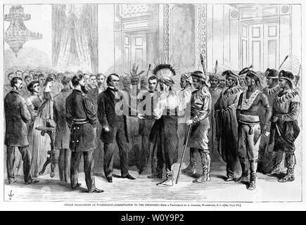 Indische Delegation in Washington, die der Präsident, 23. Februar 1867, Gravur von einem Foto von A. Gardner, Washington, DC, Harper's Weekly, 16. März 1867 Stockfoto