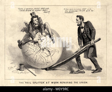 Die "Splitter" bei der Arbeit der Instandsetzung der Union, politische Karikatur mit US-Präsident Abraham Lincoln und Vice President Andrew Johnson, Joseph E. Baker, 1865 Stockfoto