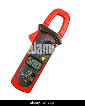 Ein Gerät für die Messung von Spannung, Strom, Widerstand, Frequenz auf einem weißen Hintergrund. isoliert. Clamp Multimeter Stockfoto