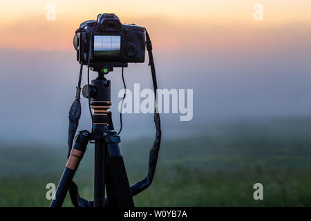 Schwarz digital Kamera auf Stativ schießen nebeliger Morgen Landschaft im Sommer mit selektiven Fokus. Stockfoto