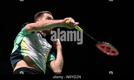 Minsk. Belarus. 28. Juni 2019. Vladimir Ivanov (RUS) während der Badminton Turnier an der 2. europäischen Spiele. Kredit Garry Bowden/SIP-Foto Agentur/Alamy leben Nachrichten. Stockfoto