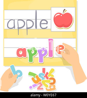 Abbildung: Kinder Hände halten beweglichen Buchstaben in der Vorschule die Beantwortung von Apple Stockfoto