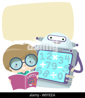 Abbildung: ein Kind Junge mit einem offenen Mathematik Buch und Roboter mit leeren Sprechblase Stockfoto