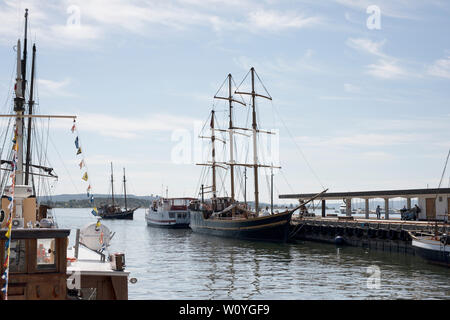 Segelboote vertäut im Hafen (Pipervika) in der Nähe von Aker Brygge an einem Sommertag in Oslo, Norwegen. Stockfoto