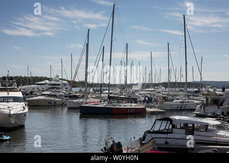 Segelboote vertäut im Hafen (Pipervika) in der Nähe von Aker Brygge an einem Sommertag in Oslo, Norwegen. Stockfoto