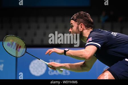 Minsk. Belarus. 28. Juni 2019. Christopher Langridge (GBR) während der Badminton Turnier an der 2. europäischen Spiele. Kredit Garry Bowden/SIP-Foto Agentur/Alamy leben Nachrichten. Stockfoto