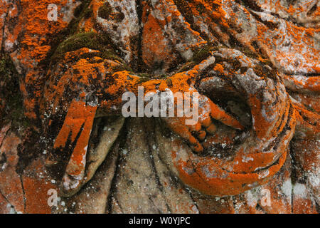 Detail des verlassenen Relief 'Anbetung der Könige' im Bereich der open air skulpturale Galerie bekannt als Braunův Betlém (Braun Bethlehem) im Wald in der Nähe des Dorfes Žireč in Ostböhmen, Tschechische Republik. Die monumentale Relief wurde von berühmten in Österreich geborene Bildhauer Matthias Bernhard Braun (matyáš Bernard Braun) von 1726 bis 1734 unter anderem geschnitzte Statuen und Reliefs direkt in Sandsteinfelsen im New Forest in der Nähe des Kuks Krankenhaus (Nový les u Kuksu). Die Braunův Betlém gilt als eines der Meisterwerke des böhmischen Barock Skulptur werden. Stockfoto