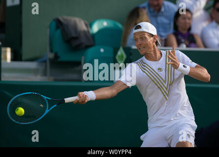 Slough, Großbritannien. 28 Juni, 2019. Tomáš Berdych (CZE) während der boodles Tennis Ausstellung 2019 Tag 4 bei Stoke Park, Slough, England am 28. Juni 2019. Foto von Andy Rowland. Credit: PRiME Media Images/Alamy leben Nachrichten Stockfoto