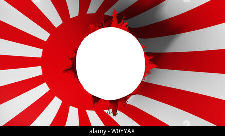 Loch in der Flagge von Japan Rising Sun Krieg, weißer Hintergrund, 3D-Rendering Stockfoto