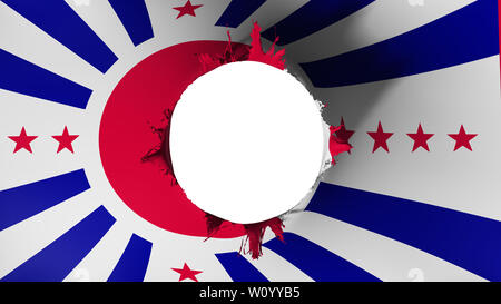Loch in der Flagge von Japan American, weißer Hintergrund, 3D-Rendering Stockfoto