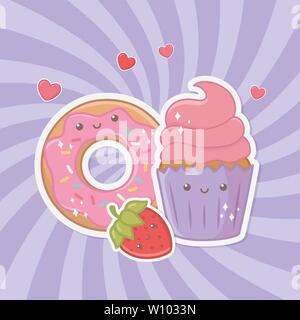 Lecker und süße Krapfen und Produkte kawaii Zeichen Vector Illustration Design Stock Vektor