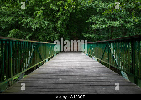 Fußgängerbrücke über die Wasser führenden zum Park. Passage über das Wasser in den Wald. Jahreszeit des Sommers. Stockfoto