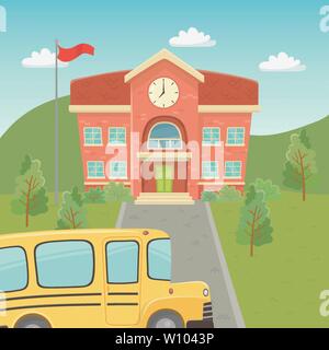Schulgebäude und Bus in der Landschaft Szene Vector Illustration Design Stock Vektor