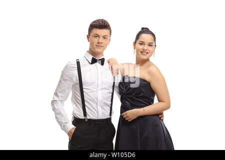 Junge Männer und Frauen zu einem Prom Night auf weißem Hintergrund Stockfoto