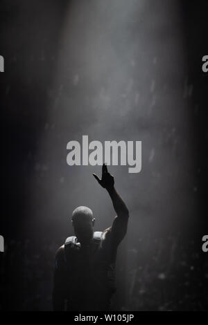 Stormzy, die auf der Pyramide der Bühne während das Glastonbury Festival in würdiger Bauernhof in Pilton, Somerset. Stockfoto