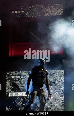 Stormzy, die auf der Pyramide der Bühne während das Glastonbury Festival in würdiger Bauernhof in Pilton, Somerset. Stockfoto