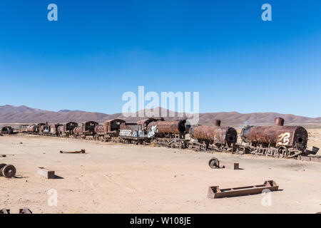 Zug Friedhof in Uyuni, Bolivien Stockfoto