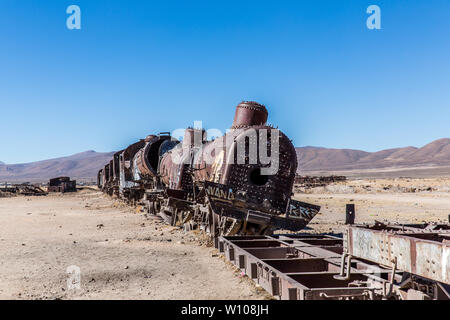 Zug Friedhof in Uyuni, Bolivien Stockfoto