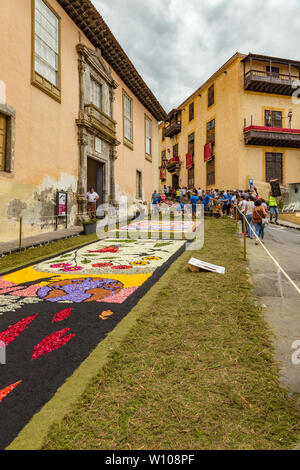 La Orotava, Teneriffa, Spanien - Juni 27., 2019. Schöne Blumenteppiche in La Orotava in Corpus Christi. Berühmte religiöse Veranstaltung und Wettbewerb Der f Stockfoto