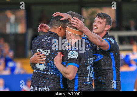 28. Juni 2019, die Mobile Rakete Stadion, Wakefield, England; Betfred Super League, Runde 20, Wakefield Trinity vs Huddersfield Riesen; Alex Mellor von Huddersfield Riesen feiert seinen Versuchen Credit: Craig Milner/News Bilder Stockfoto