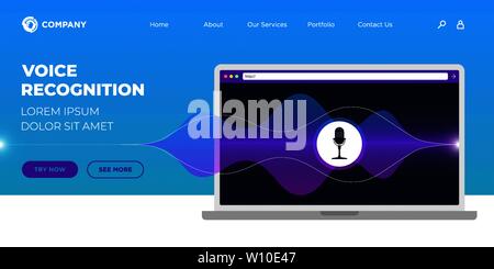 Intelligence Personal Online Voice Assistant Recognition Landing Page UI oder UX Web Design Template. Laptop-Bildschirm mit Schallwellen und dynamischem Mikrofon-Symbol. Vektorgrafik für mobile Apps auf der Website Stock Vektor