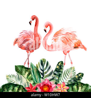 Aquarell von Hand bemalte Paar rosa Flamingos mit floralen Frames auf einem weissem Hintergrund Stockfoto