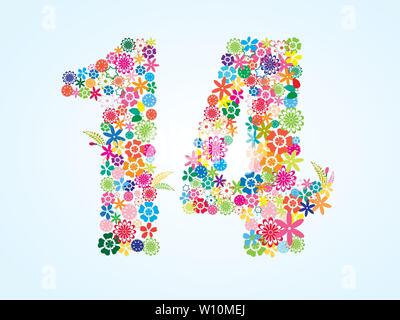 Vektor Bunte, mit Blumenmustern 14 Anzahl Design isoliert auf weißem Hintergrund. Florale Nummer vierzehn Vektor Schriftbild. Stock Vektor