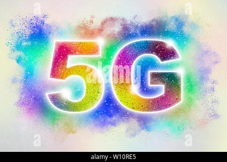 Konzept der 5G Technology Network, High-speed mobile Internet, Netze der neuen Generation. Kreative Staubexplosion Hintergrund. Stockfoto
