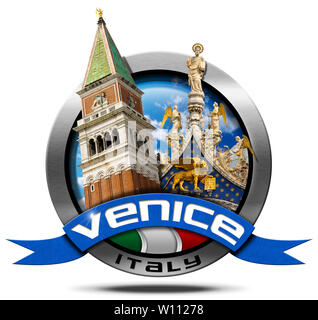 Runde Metall Icon mit italienischer Flagge, Blue Ribbon mit Text von Venedig mit den wichtigsten Sehenswürdigkeiten der Stadt, den Glockenturm und die Kathedrale von St. Mark Stockfoto