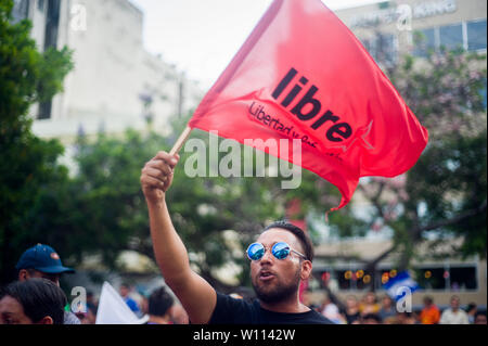 Tegucigalpa, Honduras. 29 Juni, 2019. Ein Mann wavess ein LIBRE Flagge Credit: Camilo Freedman/ZUMA Draht/Alamy leben Nachrichten Stockfoto