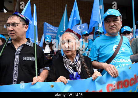 Osaka, Japan. 29 Juni, 2019. Rebiya Kadeer Rebiya Kadeer, Mitte, ein politischer Aktivist für China Uiguren, die ethnischen Minderheiten angehören, fordert Japan und andere Länder die Behandlung der chinesischen Regierung der ethnischen Gruppe bei einer Demonstration zum Protest während der G20-Gipfel in Osaka, Japan. Credit: Ben Weller/LBA/Alamy leben Nachrichten Stockfoto