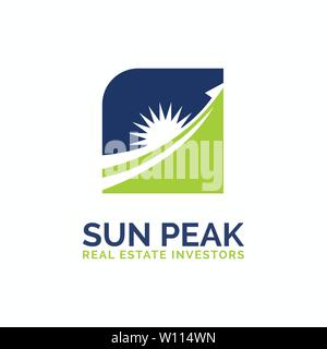 Sun Peak über das Haus Logo Design Stock Vektor