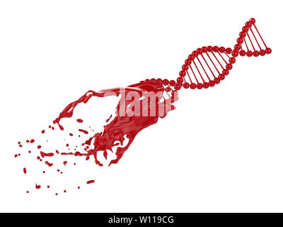 3D-rendering DNA-Helix mit Blut spritzen isoliert auf weißem Stockfoto