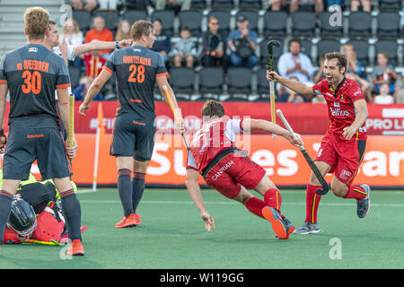 Amstelveen, Niederlande. 28 Juni, 2019. Amsterdam, 28-06-2019, Hockey Pro League 2019 Männer. Veranstaltungsort: Wagener Stadion. Während des Spiels Belgien Niederlande vs. Credit: Pro Schüsse/Alamy leben Nachrichten Stockfoto