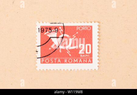 Rumänien - ca. 1975: einen Stempel in Rumänien gedruckten zeigt einen alten Horn, ca. 1975 Stockfoto