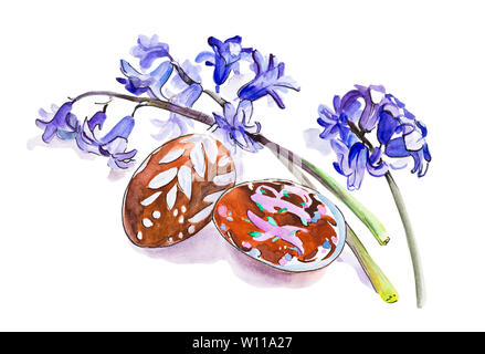 Aquarell Ostern Hyazinthen Blumen und zwei Eier auf weißem Hintergrund Stockfoto