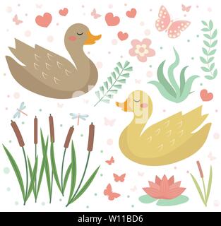 Niedliche Ente stellen Sie die Objekte. Sammlung Design Elemente mit Schilf, Seerosen, Blumen, Pflanzen. Kinder Baby clipart lustig lächelnd Tier. Vektor illustratio Stock Vektor