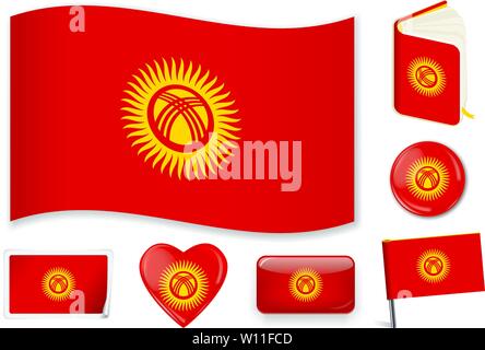 Kirgistan Nationalflagge. Vector Illustration. 3 Schichten. Schatten, Flagge, Licht und Schatten. Sammlung von 220 Welt Flaggen. Präzise Farben. Einfache Änderungen. Stock Vektor