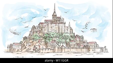 Le Mont Saint Michel, Frankreich. Hand gezeichnete Skizze Aquarell. Abbildung im Vektor Stock Vektor