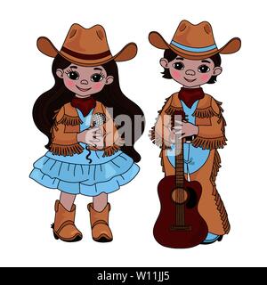 COUNTRY MUSIC FREUNDE Cowboy Cartoon amerikanischen Western Festival Vector Abbildung für Print Fabric und Dekoration Stock Vektor