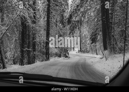 Mountain Road Highway 120 in Richtung Yosemite, Kalifornien, USA, an einem Wintertag aus dem Armaturenbrett eines Autos gesehen, mit Schnee auf der Straße als ein Zeichen Stockfoto