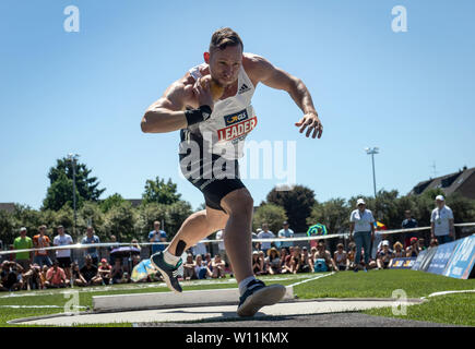 Ratingen, Deutschland. 29 Juni, 2019. Zehnkämpfer Kai Kazmirek nimmt Teil im Kugelstoßen bei der Rund-um-Konferenz. Quelle: Bernd Thissen/dpa/Alamy leben Nachrichten Stockfoto