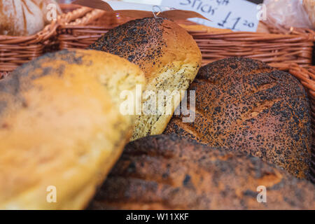 Frisch gebackene knusprige Mohn Brot auf dem Display am lokalen Markt in Chester, Chestershire, Großbritannien Stockfoto