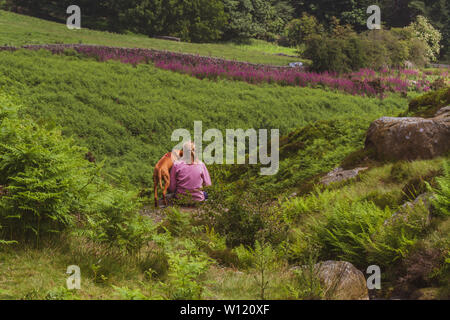 Eine instagram Blick Schoß einer Frau, die mit ihrem Hund sitzend bewundern Sie die Aussicht von Fingerhut, finden einige Einsamkeit auf Ilkley Moor, Großbritannien Stockfoto