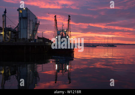 Ein Fischereifahrzeug im Hafen von Brixham bei Sonnenuntergang im Juni. Tourismus und Fischerei sind die wichtigsten Industriezweige in der Stadt. Devon England UK GB Stockfoto